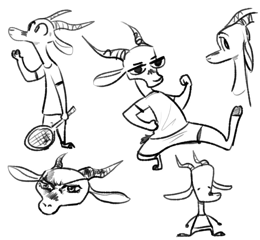 2019 ambiguous_gender antelope anthro barefoot bodily_fluids bovid clothed clothing facial_markings fuel_(artist) fuel_(character) gazelle greyscale half-closed_eyes head_markings hi_res horn mammal markings monochrome simple_background sketch_page solo standing sweat sweatdrop tennis_racket walking white_background