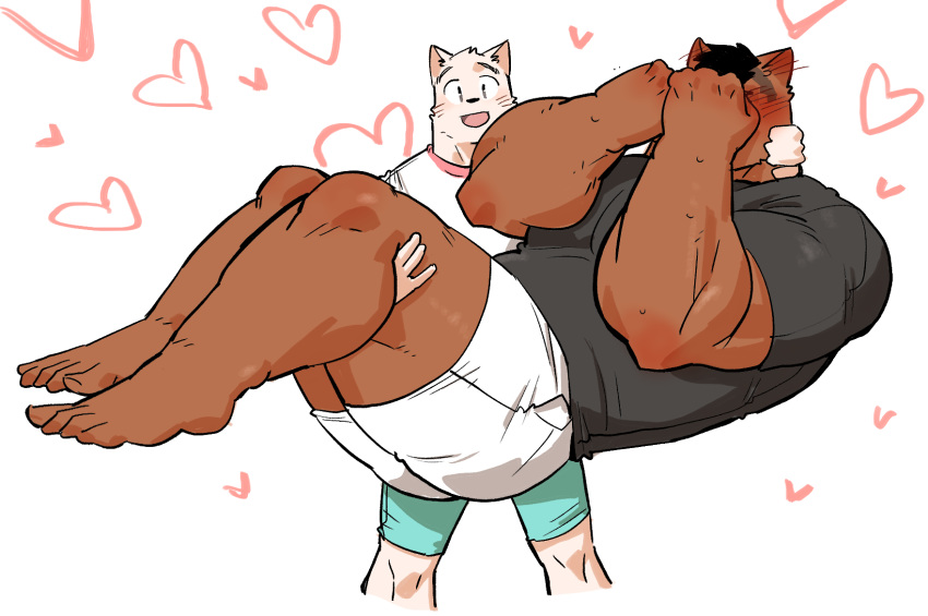 &lt;3 2019 anthro biceps blush brown_fur canid canine clothing digital_media_(artwork) duo fur hi_res holding_character kemono larger_anthro larger_male looking_at_viewer male mammal muscular muscular_male open_mouth open_smile pecs size_difference smaller_anthro smaller_male smile syukapong white_fur