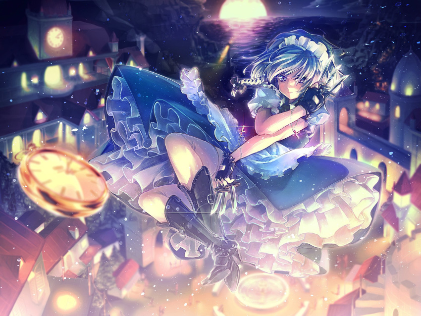 1girl apron black_footwear black_gloves blue_dress blue_eyes boots bow braid building character_name clock clock_tower commentary_request cross dress english_text fingerless_gloves flying fountain full_moon glint gloves hair_bow hand_up high_heel_boots high_heels highres holding holding_knife holding_weapon izayoi_sakuya knife knives_between_fingers lamppost lighthouse maid maid_apron maid_headdress moon orita_enpitsu petticoat pocket_watch revision scarlet_devil_mansion scenery short_hair silver_hair solo touhou tower twin_braids watch water weapon white_apron