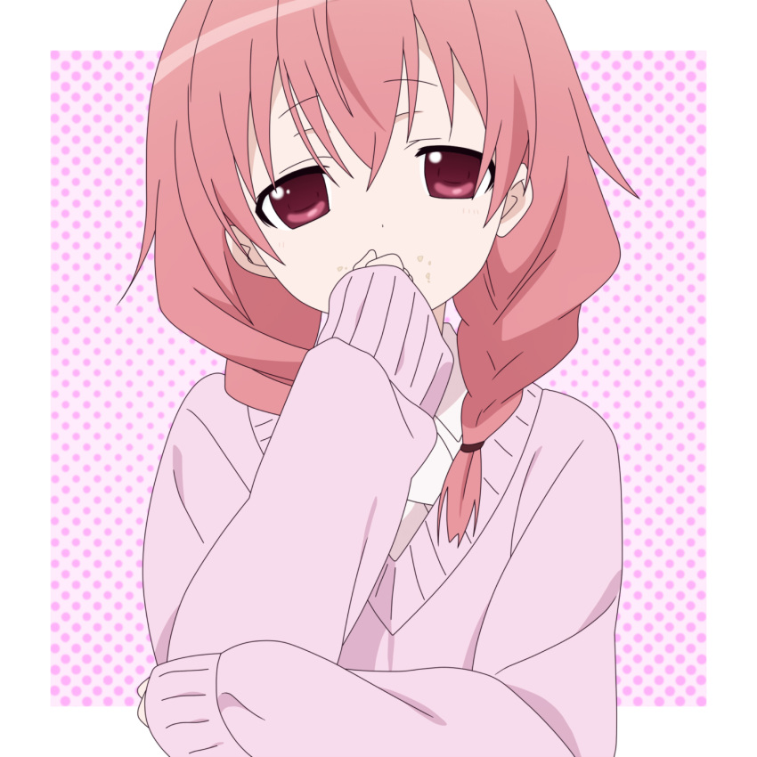 1girl akihitohappy braid collared_shirt commentary derivative_work eyebrows_visible_through_hair hair_ornament hair_scrunchie highres inu_x_boku_ss long_hair long_sleeves pink_eyes pink_hair pink_sweater roromiya_karuta scrunchie shirt simple_background solo sweater twintails upper_body white_shirt