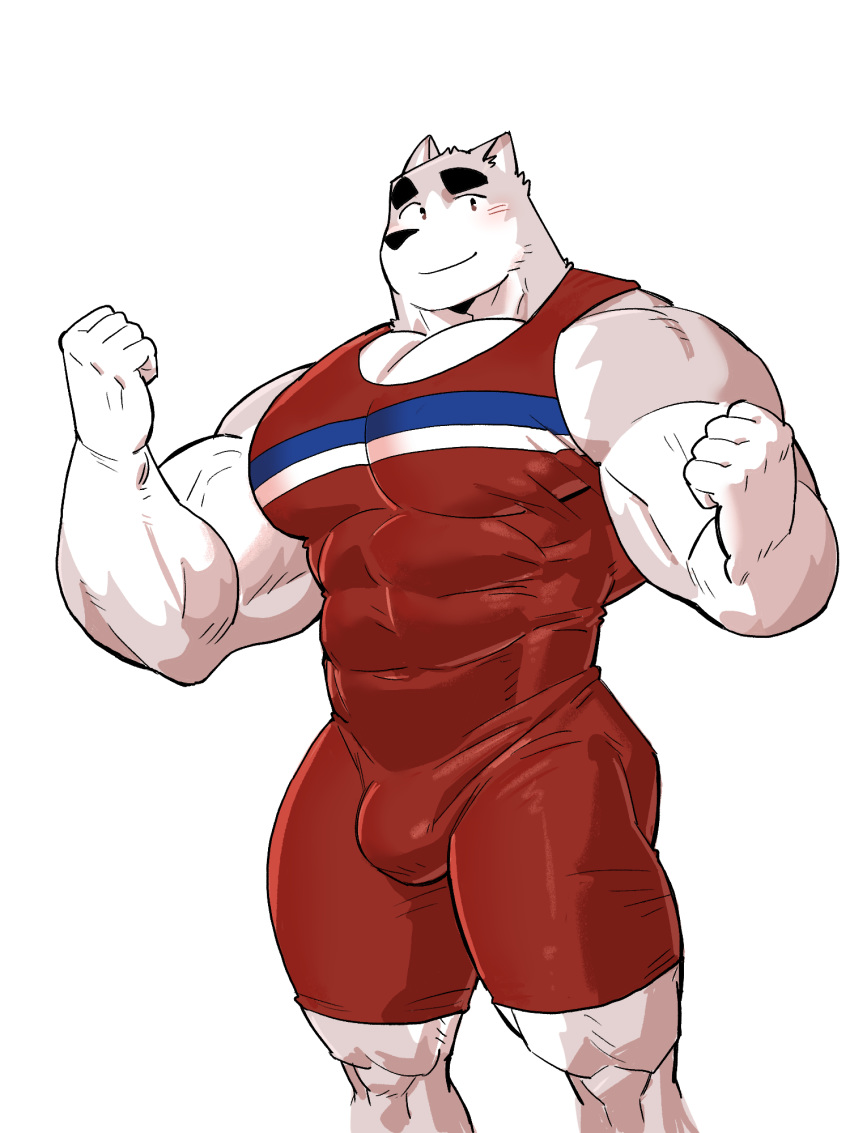 2019 5_fingers abs anthro biceps bulge canid canine clothed clothing digital_media_(artwork) fingers flexing fur hi_res kemono male mammal muscular muscular_male pecs solo standing syukapong wrestling_singlet