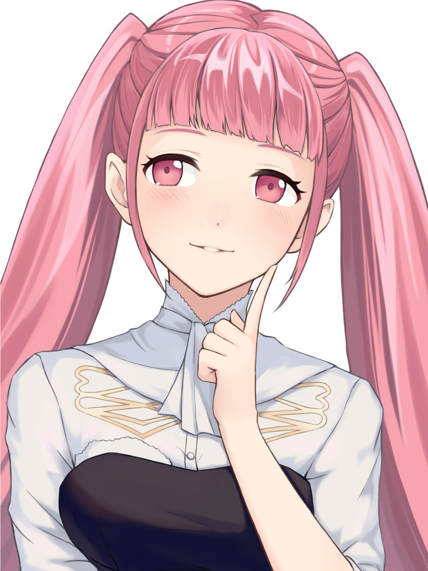 1girl absurdres closed_mouth dakkalot fire_emblem fire_emblem:_three_houses highres hilda_valentine_goneril long_hair pink_eyes pink_hair simple_background smile solo twintails uniform upper_body white_background
