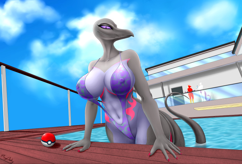 abs absurd_res anthro bedroom_eyes big_breasts blaziken breasts clothing cloud female glass half-closed_eyes hi_res legendary_pok&eacute;mon looking_at_viewer mewtwo nintendo pok&eacute;ball pok&eacute;mon pok&eacute;mon_(species) pool_(disambiguation) purple_eyes rogosky salazzle seductive sky smile swimwear thick_thighs video_games water wide_hips