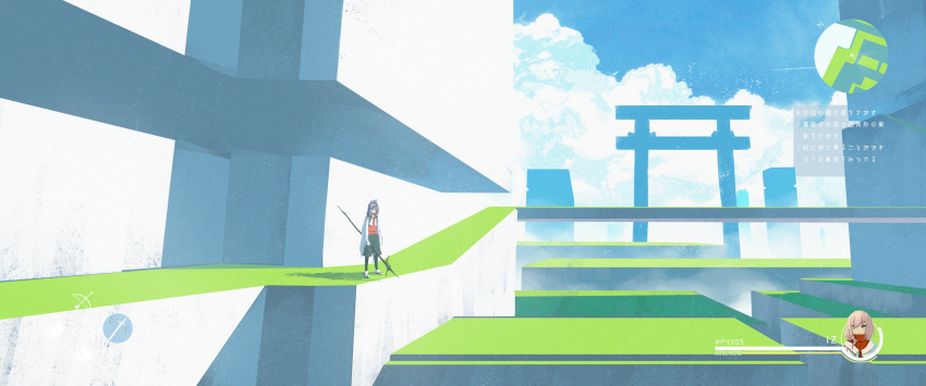 1girl absurdres antenna_mast asteroid_ill cloud cloudy_sky day fake_screenshot grass grey_hair heads-up_display health_bar highres iz_(asteroid_ill) long_hair looking_down low-tied_long_hair low_ponytail minimap original outdoors scenery sky solo standing torii user_interface wide_shot