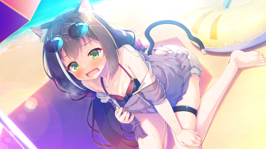 animal_ears barefoot bikini_top black_hair blush bow breasts catgirl cleavage fang garter glasses green_eyes kyaru long_hair masaki_kei princess_connect! shorts swim_ring tail umbrella water