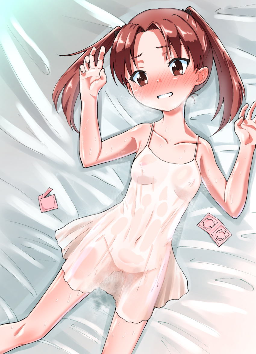 1girl bed blush breasts brown_eyes brown_hair collarbone condom condom_wrapper enikuma from_above girls_und_panzer groin hair_ornament hair_ribbon highres kadotani_anzu lingerie looking_at_viewer looking_up lying navel negligee nipples no_bra no_panties on_back on_bed parted_lips ribbon see-through shiny shiny_hair shiny_skin small_breasts smile solo sweat teeth twintails underwear