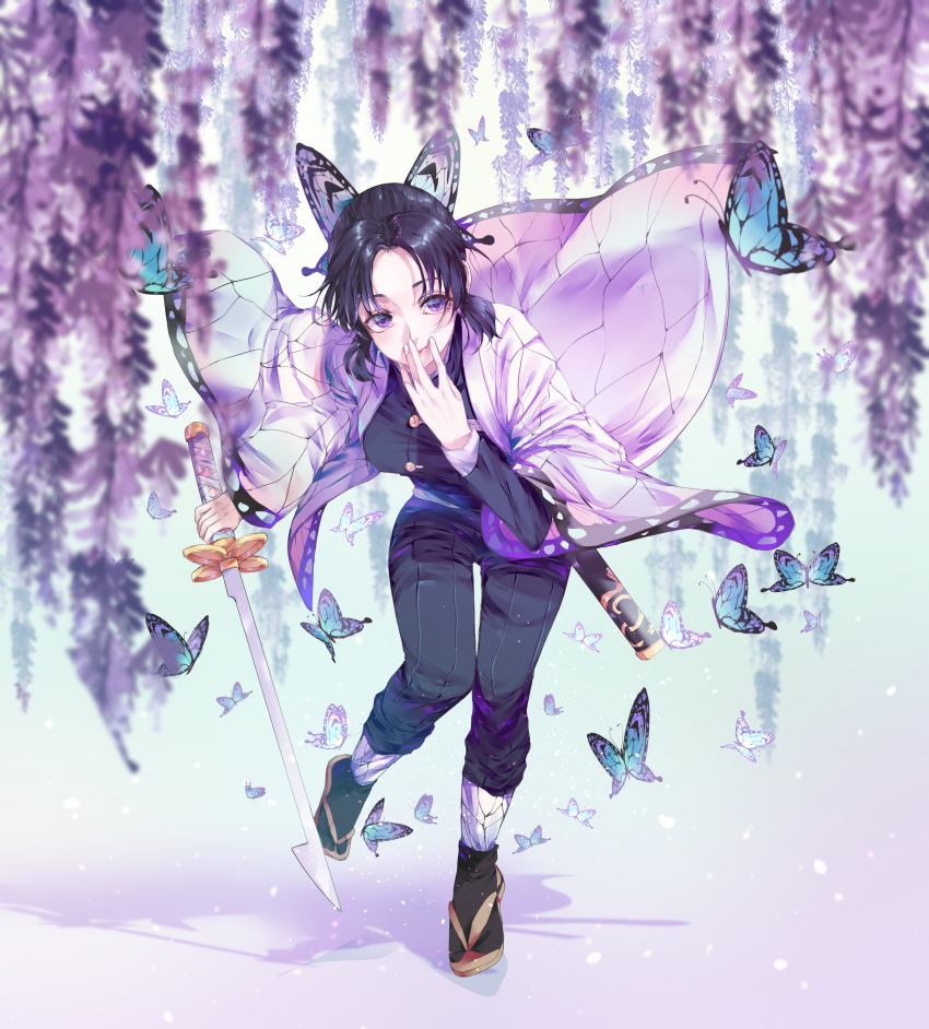 1girl absurdres black_hair black_jacket bug butterfly butterfly_hair_ornament hair_ornament haori highres insect jacket japanese_clothes kimetsu_no_yaiba kochou_shinobu long_sleeves purple_eyes ridam solo sword uniform weapon