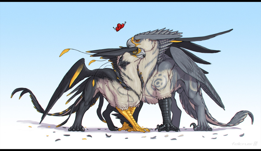 ! &lt;3 2019 4_toes ? animal_genitalia avian beak bird black_claws black_eyes black_feathers black_fur blue_background blue_sclera brother brother_and_sister claws digital_media_(artwork) duo falcon falconid falcrus falcrus_(character) feathered_wings feathers female feral folded_wings front_view fully_sheathed fur gradient_background grey_beak grey_feathers grey_fur grey_wings gryphon half-closed_eyes hi_res looking_aside looking_at_another looking_up loose_feather male multicolored_feathers multicolored_fur peregrine_falcon quadruped red_sclera sharp_claws sheath sibling simple_background sister spread_wings standing stripes tail_feathers talons toe_claws toes two_tone_feathers two_tone_fur white_background white_claws white_feathers white_fur white_stripes wings yellow_feathers zephyr_(falcrus)