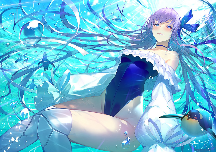 1girl bangs bare_shoulders bird blue_eyes blue_swimsuit blush breasts choker collarbone covered_navel fate/grand_order fate_(series) frills greaves hair_between_eyes highleg highleg_swimsuit highres kakage long_hair long_sleeves looking_at_viewer meltryllis meltryllis_(swimsuit_lancer)_(fate) navel one-piece_swimsuit penguin puffy_sleeves purple_hair ribbon sleeves_past_fingers sleeves_past_wrists small_breasts smile solo swimming swimsuit thighs underwater very_long_hair