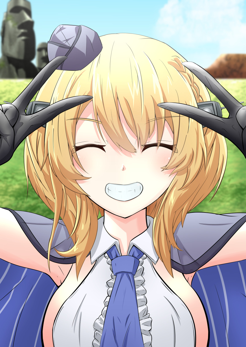 1girl absurdres black_gloves blonde_hair blue_eyes blue_neckwear blue_sky breasts capelet cloud colorado_(kantai_collection) commentary_request day double_v easter_island elbow_gloves facing_viewer garrison_cap gloves grey_headwear grin hat headgear highres kantai_collection large_breasts manjukannon moai necktie outdoors shirt short_hair side_braids sideboob sky sleeveless smile solo upper_body v white_shirt