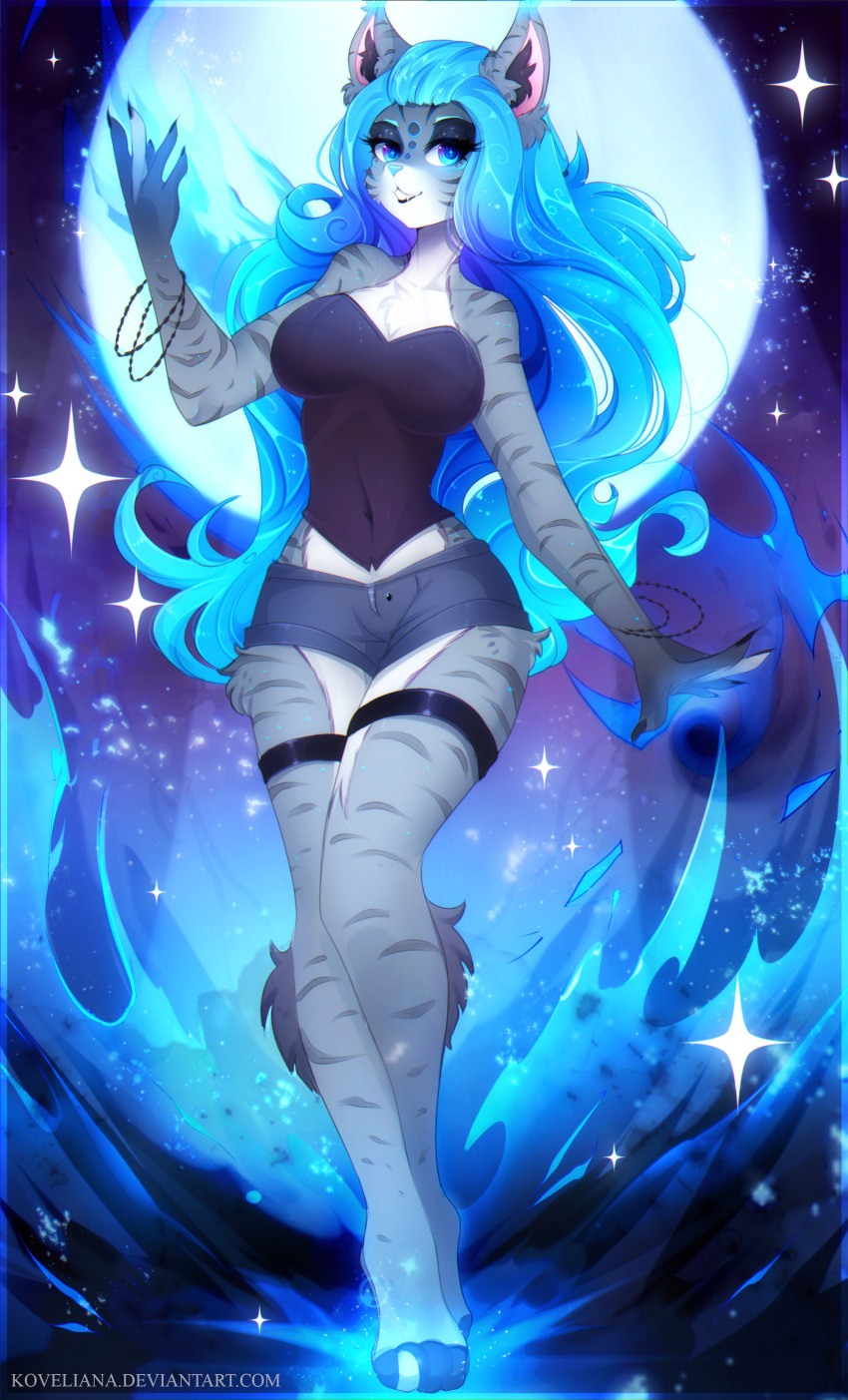 2019 4_toes 5_fingers absurd_res anthro barefoot blue_hair blue_nose breasts clothed clothing digital_media_(artwork) eyebrows eyelashes felid feline female fingers hair hi_res koveliana looking_at_viewer lynx mammal smile solo thin_waist toes