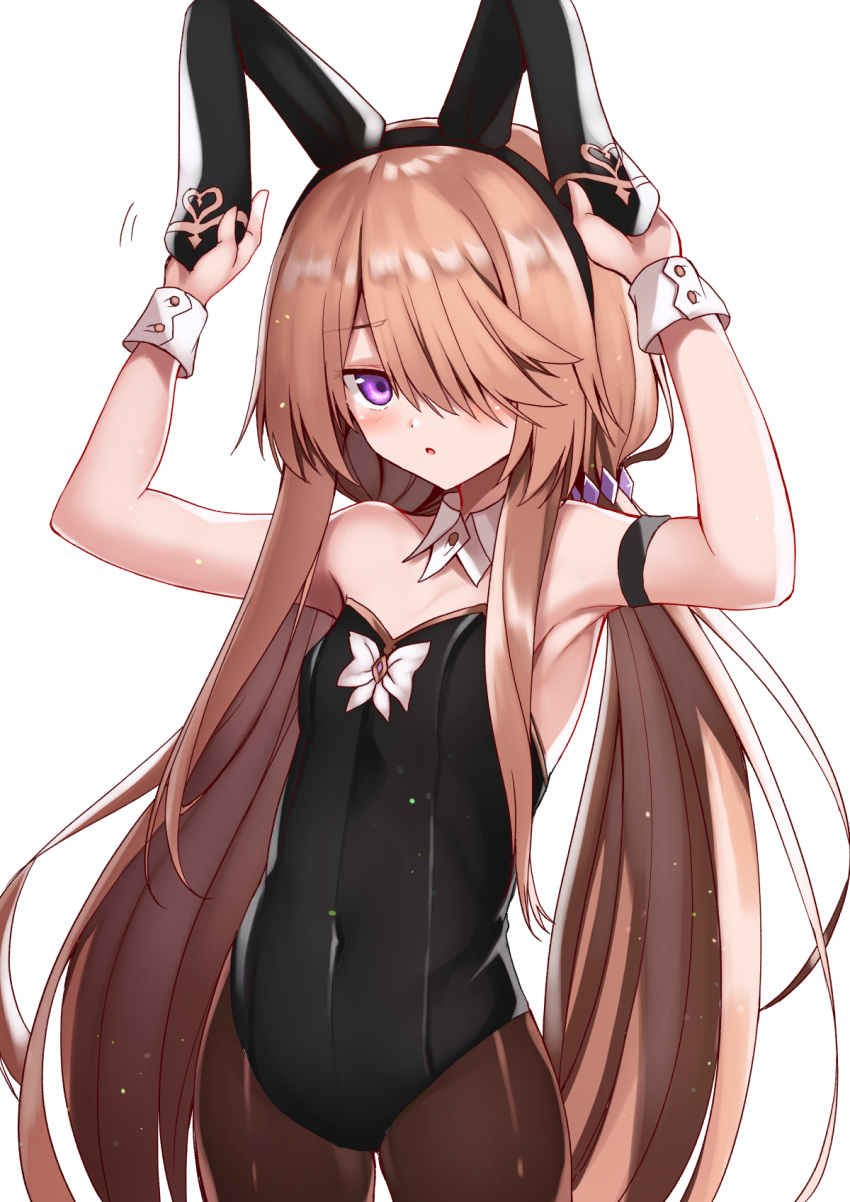1girl :o animal_ears armband armpits arms_up bangs bare_shoulders black_leotard breasts brown_hair brown_legwear bunny_ears bunnysuit collarbone commentary_request covered_navel cowboy_shot detached_collar fake_animal_ears hair_over_one_eye hairband highres holding leotard long_hair looking_at_viewer low_twintails mahcdai original pantyhose parted_lips purple_eyes rum_ialis simple_background small_breasts solo standing twintails very_long_hair white_background wrist_cuffs