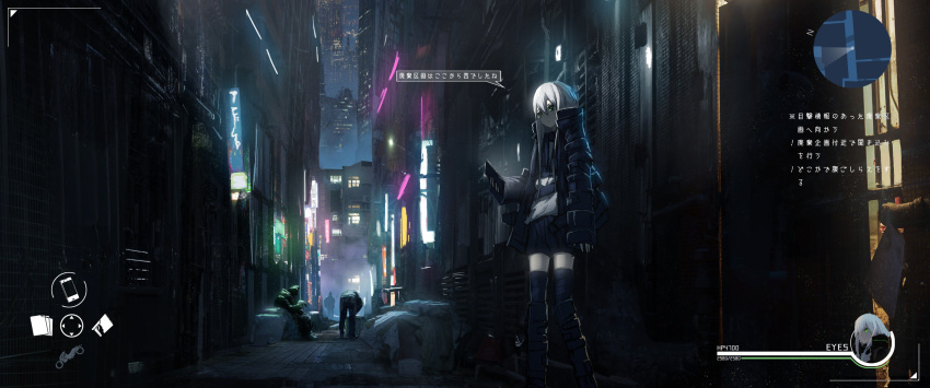 1girl 3others absurdres alley asteroid_ill black_footwear black_jacket black_legwear black_shorts boots building cityscape commentary dark fake_screenshot green_eyes heads-up_display health_bar highres holding holding_phone iz_(asteroid_ill) jacket lights long_hair long_sleeves minimap multiple_others neon_lights night open_clothes open_jacket original outdoors phone scenery shirt shorts skyscraper sleeves_past_wrists solo_focus standing thighhighs translation_request user_interface very_long_hair white_hair white_shirt wide_shot window