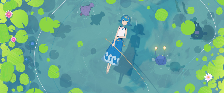 1girl afloat asteroid_ill baggy_pants barboach barefoot blue_hair chinchou commentary_request fishing_line fishing_rod hair_ornament highres lighting pants pokemon pokemon_(creature) pokemon_(game) pokemon_sm ripples shadow shellder sleeveless smile suiren_(pokemon) trial_captain tympole water_drop whiscash