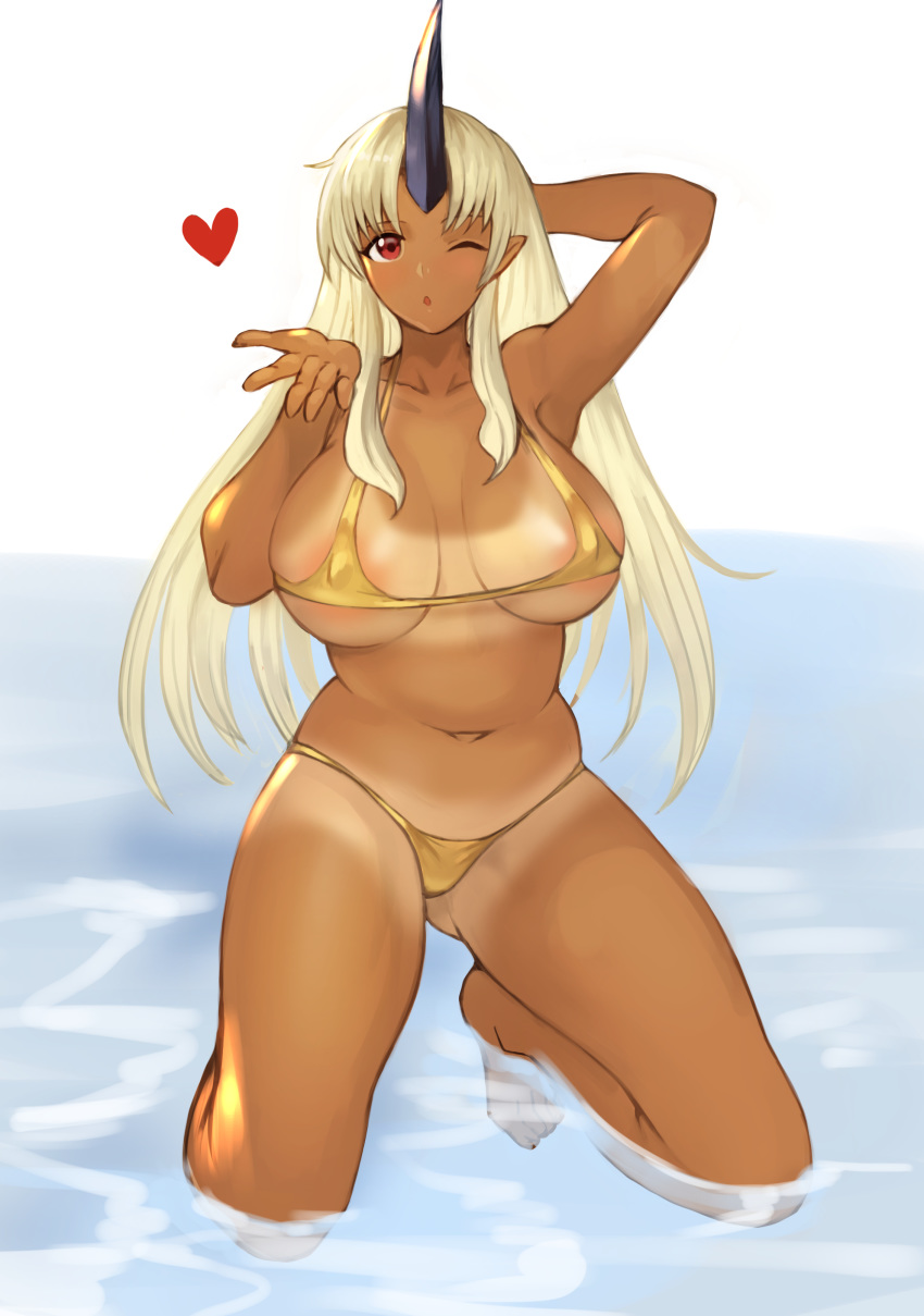 1girl absurdres armpits bangs bare_arms bare_legs bare_shoulders bikini blonde_hair blown_kiss breasts breasts_apart collarbone commission covered_nipples dark_skin hand_behind_head heart highres horn huge_breasts large_breasts long_hair looking_at_viewer monster_musume_no_iru_nichijou navel ogre one_eye_closed open_hand open_mouth partially_submerged pointy_ears red_eyes simple_background solo sookmo swimsuit tall_female tan tanline thighs thong thong_bikini tionishia water white_background
