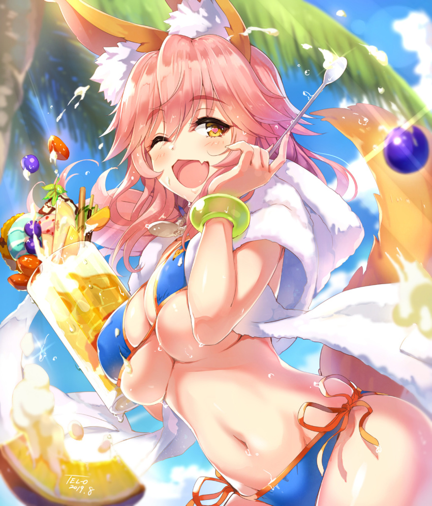 1girl animal_ear_fluff animal_ears bangs bare_shoulders bikini blue_bikini blue_sky blueberry blush bracelet breasts cleavage cup fang fate/grand_order fate_(series) food fox_ears fox_girl fox_tail fruit hair_between_eyes heart heart-shaped_pupils highres ice_cream ice_cream_float jewelry large_breasts long_hair looking_at_viewer mint mug navel one_eye_closed open_mouth palm_tree peach pink_hair pocky side-tie_bikini sky smile solo spoon strawberry swimsuit symbol-shaped_pupils tail tamamo_(fate)_(all) tamamo_no_mae_(swimsuit_lancer)_(fate) tel-o towel towel_around_neck tree yellow_eyes