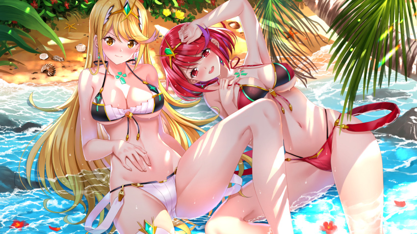 2girls bikini blonde_hair breast_hold breasts flowers hikari_(xenoblade) homura_(xenoblade) long_hair navel petals red_eyes red_hair short_hair swimsuit swordsouls water xenoblade yellow_eyes