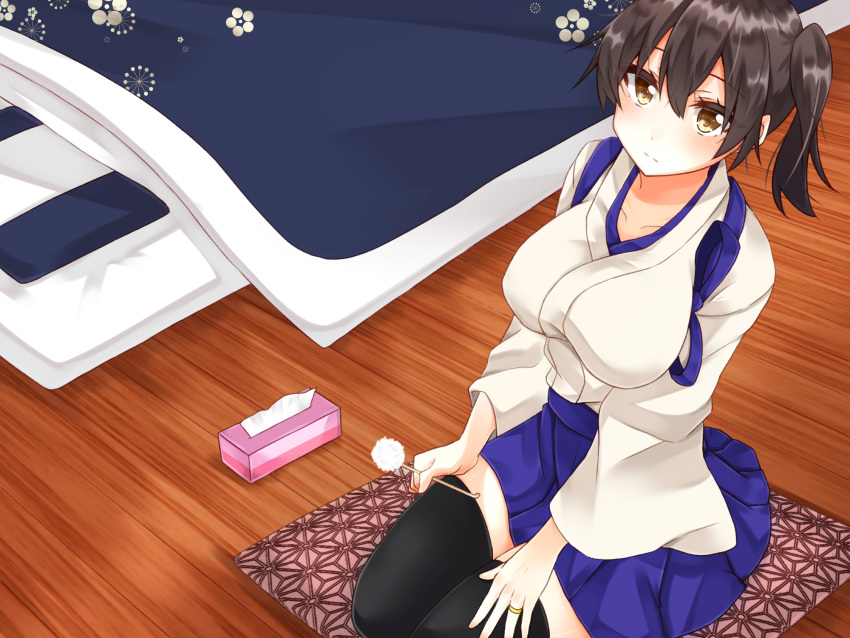 1girl blue_skirt blush breasts brown_eyes brown_hair futon highres indoors izumo_ayuka jewelry kaga_(kantai_collection) kantai_collection large_breasts looking_at_viewer mimikaki ring side_ponytail sitting skirt solo tasuki thighhighs tissue_box wariza wooden_floor zettai_ryouiki