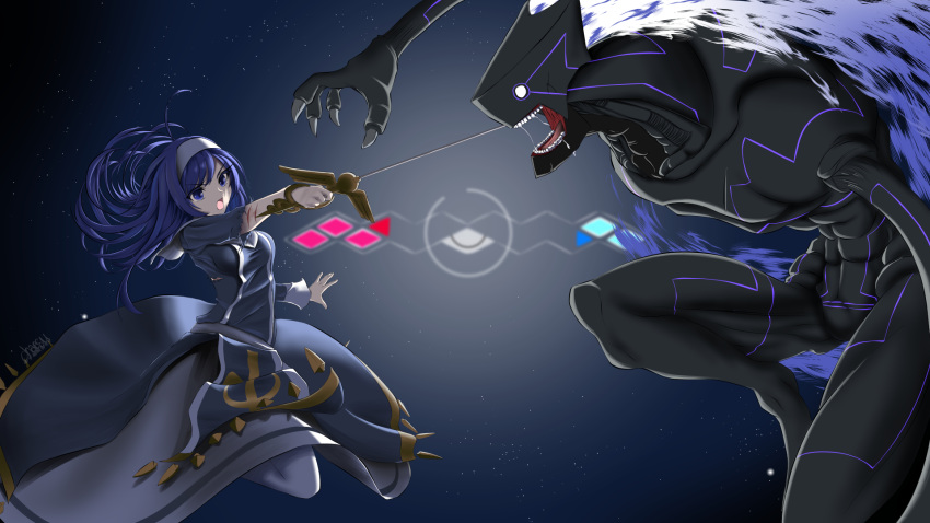 1girl 1other ahoge battle black_dress black_skin blue_eyes blue_hair breasts chaesu claws cuts dress fewer_digits gameplay_mechanics hairband highres holding holding_sword holding_weapon huge_ahoge injury long_hair medium_breasts merkava_(under_night_in-birth) monster night no_nose no_pupils open_mouth orie_(under_night_in-birth) rapier saliva sky star_(sky) starry_sky sword torn_clothes torn_sleeves under_night_in-birth weapon white_hair white_legwear