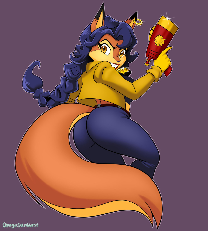 2019 absurd_res anthro blue_hair bottomwear butt butt_pose butt_shot canid canine carmelita_fox clothed clothing ear_piercing ear_ring female fox fully_clothed gun hair hi_res looking_at_viewer mammal omegasunburst pants piercing ranged_weapon simple_background sly_cooper_(series) solo sony_corporation sony_interactive_entertainment sucker_punch_productions tight_bottomwear tight_clothing tight_pants video_games weapon