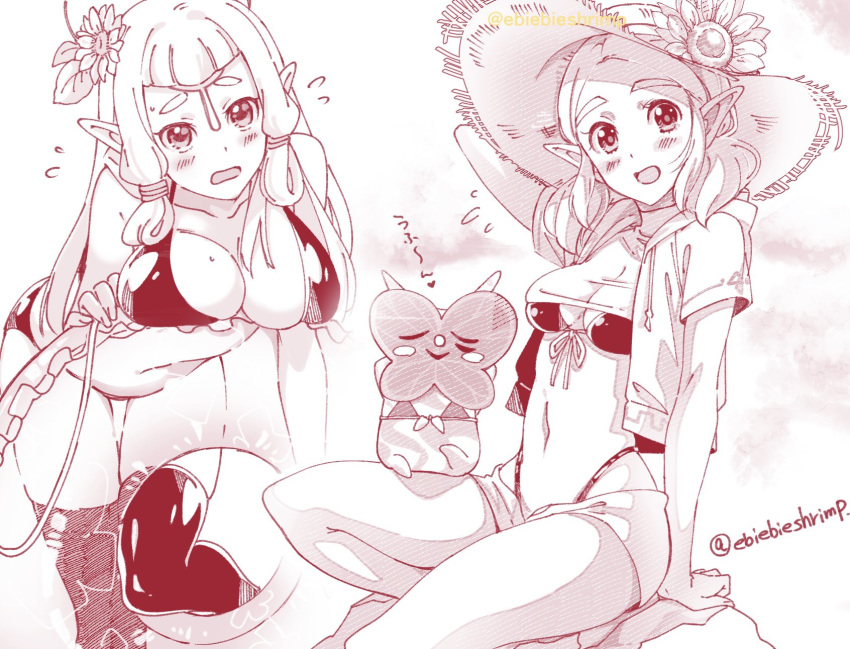 2girls bangs bent_over bikini blunt_bangs blush_stickers breasts cleavage cropped_jacket embarrassed facial_mark flower forehead_mark hair_flower hair_ornament hat hat_flower highres innertube korok large_breasts leaning_forward long_hair looking_at_viewer mask medium_breasts midriff monochrome multiple_girls navel open_mouth parted_bangs paya_(zelda) pointy_ears princess_zelda sarong short_hair shuri_(84k) sidelocks sitting skindentation smile straw_hat sunflower sweatdrop swimsuit the_legend_of_zelda the_legend_of_zelda:_breath_of_the_wild the_legend_of_zelda:_breath_of_the_wild_2 thick_eyebrows thighhighs twitter_username