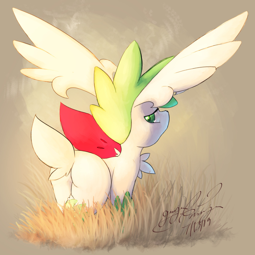 1:1 2019 butt digital_drawing_(artwork) digital_media_(artwork) fur gingy_k_fox hi_res legendary_pok&eacute;mon looking_back nintendo open_mouth pok&eacute;mon pok&eacute;mon_(species) shaymin shaymin_(sky_form) simple_background solo video_games