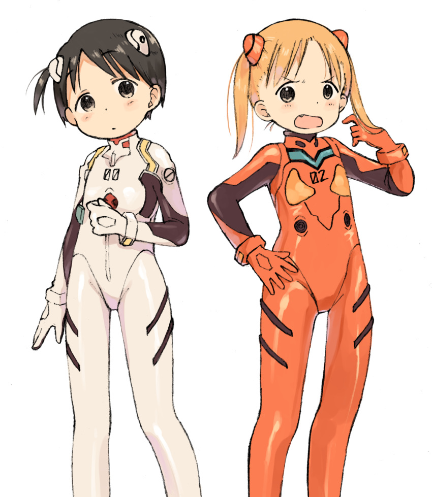 2girls ayanami_rei ayanami_rei_(cosplay) bangs black_hair blush closed_mouth cosplay fang highres ichigo_mashimaro itou_chika matsuoka_miu multiple_girls nanoningen_(anapoko) neon_genesis_evangelion open_mouth orange_hair parted_bangs playing_with_own_hair plugsuit side_ponytail simple_background souryuu_asuka_langley souryuu_asuka_langley_(cosplay) standing twintails white_background