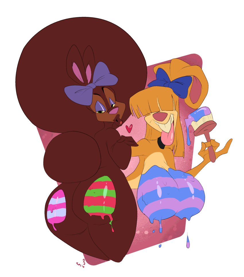 &lt;3 4_fingers absurd_res accessory afro alpha_channel anthro berry_wabeet big_breasts big_butt blonde_hair blowing_kiss breasts brown_fur brown_hair buckteeth butt carrie_wabeet duo female fingers fur green_eyes hair hair_accessory hair_bow hair_over_eyes hair_ribbon half-closed_eyes hanging_breasts hi_res holding_object huge_breasts lagomorph leporid looking_at_viewer looking_back mammal paint painted_breasts pink_nose purple_eyes rabbit rear_view ribbons simple_background slb tan_fur teeth tongue tongue_out transparent_background wide_hips