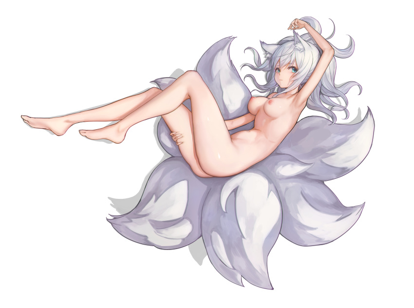 animal_ears aqua_eyes ass barefoot breasts dungeon_and_fighter egk513 foxgirl garter garter_belt gray_hair long_hair multiple_tails navel nopan ponytail tail white