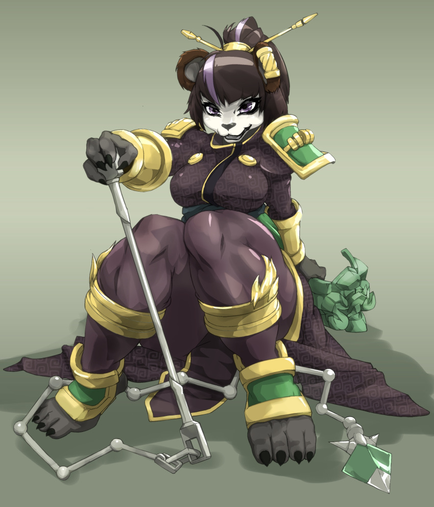 2016 anthro aya_blackpaw baneroku black_fur black_hair blizzard_entertainment clothed clothing female fur hair hearthstone hi_res mammal pandaren purple_eyes simple_background sitting solo ursid video_games warcraft white_fur