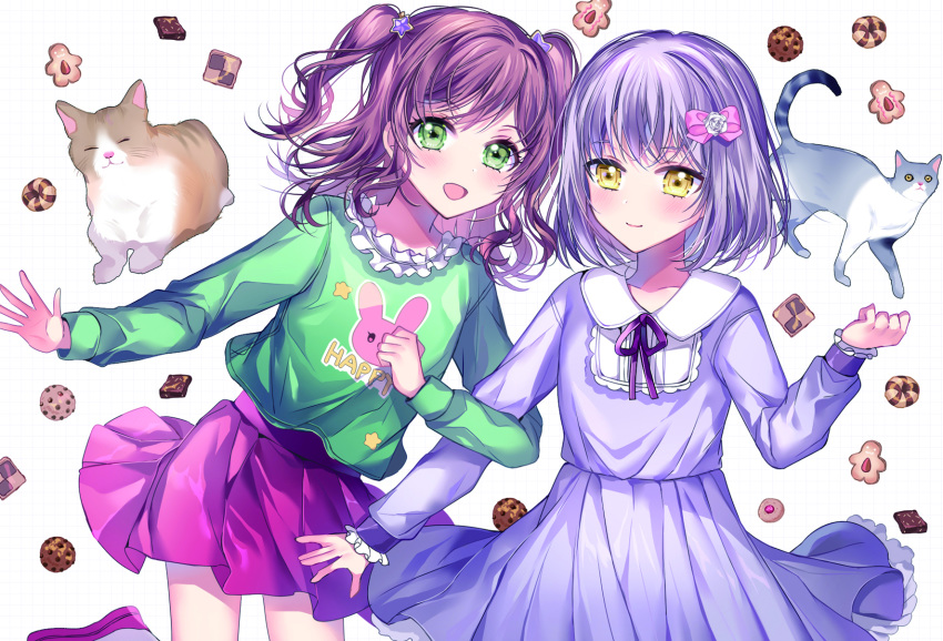 2girls :d alternate_hairstyle animal animal_print bang_dream! bangs blue_dress blush bow brown_hair bunny_print cat checkerboard_cookie clenched_hand clothes_writing cookie dress food frilled_shirt_collar frills green_eyes green_shirt grid_background hair_bow hair_ornament hand_up highres imai_lisa locked_arms long_hair long_sleeves looking_at_viewer minato_yukina multiple_girls neck_ribbon nennen open_mouth pink_bow pink_skirt pleated_dress print_shirt purple_neckwear ribbon shirt short_hair silver_hair skirt smile star star_hair_ornament two_side_up white_background yellow_eyes younger