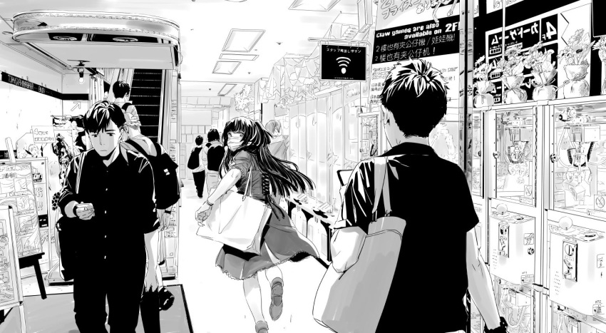 1girl 2boys akihabara_(tokyo) bag commentary crane_game goshiki_suzu idolmaster idolmaster_shiny_colors long_hair mayuzumi_fuyuko monochrome multiple_boys otaku real_world_location school_uniform shopping_bag surgical_mask watch wifi_symbol wristwatch