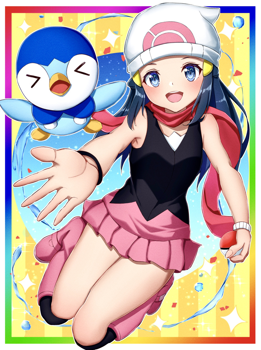1girl :d absurdres bare_arms bare_shoulders beanie blue_eyes blue_hair boots border bracelet dawn_(pokemon) full_body hat highres holding holding_poke_ball jewelry knee_boots kneehighs legs_together long_hair looking_at_viewer miniskirt multicolored_background open_mouth outstretched_arm outstretched_hand pink_scarf pink_skirt piplup poke_ball poke_ball_(basic) poke_ball_print pokemon pokemon_(creature) pokemon_(game) pokemon_dppt scarf shirt skirt sleeveless sleeveless_shirt smile solo thighs toukan white_border white_headwear wristband