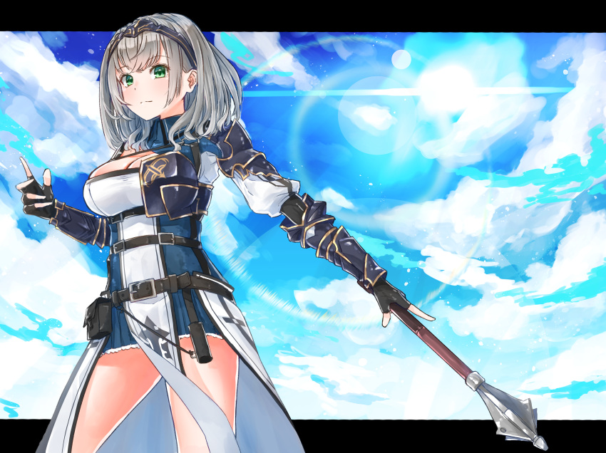 1girl absurdres armor bangs belt belt_buckle black_gloves blue_sky breastplate breasts buckle circlet cleavage cleavage_cutout closed_mouth cloud eyebrows_visible_through_hair fingerless_gloves gloves gold_trim green_eyes highres holding holding_weapon hololive large_breasts lens_flare looking_at_viewer mace medium_hair outdoors rocoroco1115 shirogane_noel shoulder_armor sky solo sunlight thighs utility_belt virtual_youtuber weapon white_hair wrist_guards