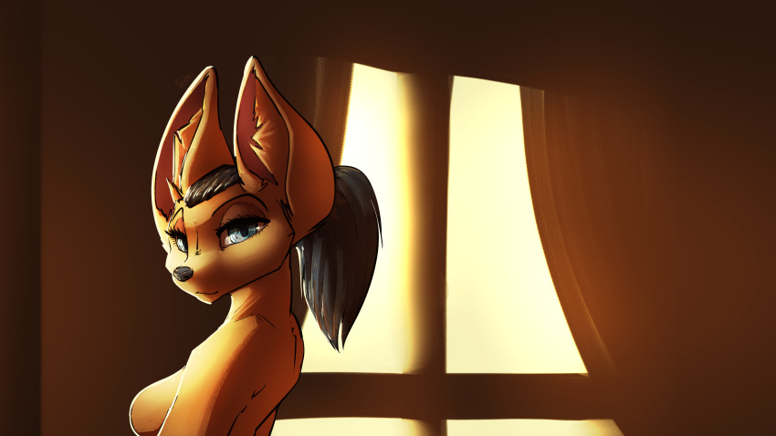 16:9 anthro big_ears black_hair blue_eyes breasts canid canine female fenavi_montaro fennec feretta fox fur hair hi_res inside looking_at_viewer mammal ponytail side_boob smile solo sunshine window yellow_fur