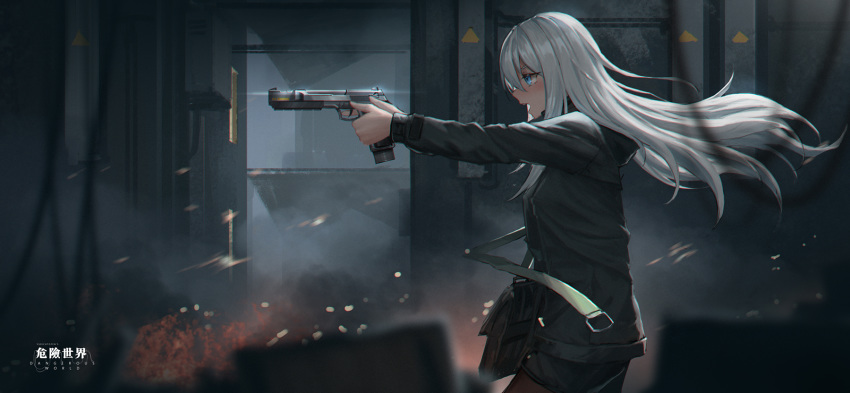 1girl artist_name bangs black_jacket black_shorts blue_eyes blurry blurry_background blurry_foreground blush brown_legwear commentary_request depth_of_field eyebrows_visible_through_hair fire floating_hair from_side gun hair_between_eyes highres holding holding_gun holding_weapon hood hood_down hooded_jacket jacket legwear_under_shorts long_hair looking_away open_mouth original outstretched_arms pantyhose profile short_shorts shorts silver_hair solo two-handed very_long_hair weapon yurichtofen