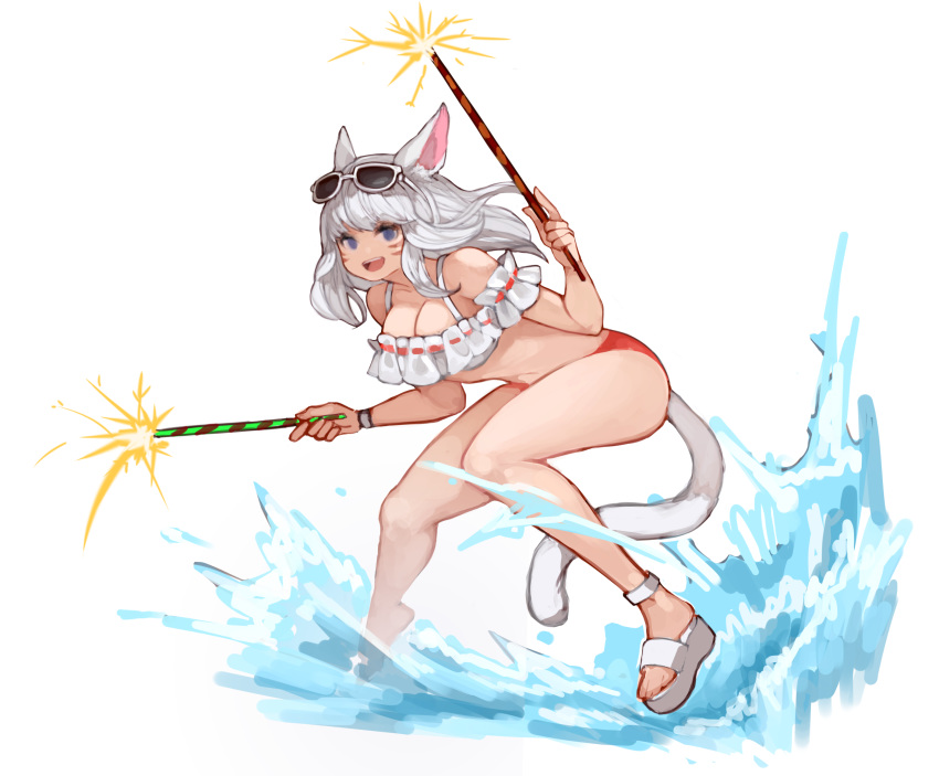 1girl :d animal_ears bangs bare_shoulders bikini blue_eyes breasts cat_ears cat_girl cat_tail cleavage eyewear_on_head facial_mark final_fantasy final_fantasy_xiv fireworks highres holding kkaebing large_breasts long_hair looking_at_viewer miqo'te no_nose no_pupils open_mouth ribbon-trimmed_bikini ribbon_trim sandals shoes simple_background single_shoe smile solo sparkler sunglasses swimsuit tail teeth water white_background white_footwear white_hair wristband