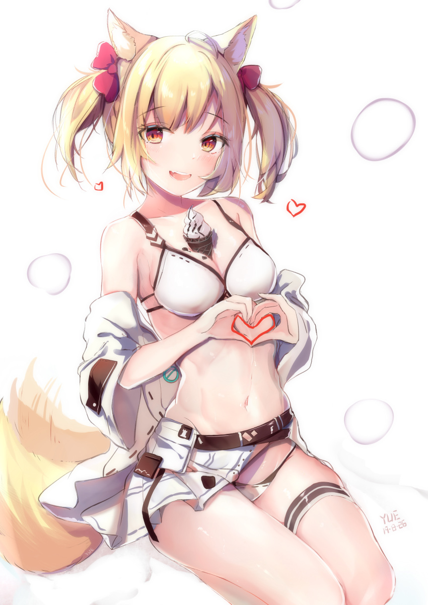 1girl :d absurdres afterimage animal_ear_fluff animal_ears arknights artist_name bangs bare_shoulders belt bikini bikini_under_clothes blonde_hair blush bow breasts brown_belt cleavage collarbone dated eyebrows_visible_through_hair food food_between_breasts fox_ears fox_girl fox_tail hair_bow heart heart_hands highres ice_cream ice_cream_cone jacket long_sleeves looking_at_viewer medium_breasts navel off_shoulder open_clothes open_jacket open_mouth red_bow red_eyes seiza simple_background sitting smile soft_serve solo sora_(arknights) swimsuit tail tail_wagging twintails white_background white_bikini white_jacket wide_sleeves yue_(qtxyjiang)