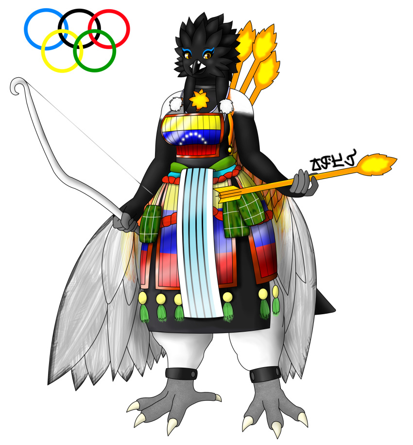 2019 4_toes 5_fingers absurd_res anthro avian beak big_breasts biped bird black_beak black_feathers breasts claws clothed clothing digital_drawing_(artwork) digital_media_(artwork) feathered_wings feathers female fingers flag full-length_portrait grey_feathers hi_res holding_object holding_weapon icterid japanese_clothing jose-497 latina miranda_marcano new_world_oriole non-mammal_breasts orange_feathers portrait range_weapon samurai signature simple_background smile solo standing tail_feathers thick_thighs toe_claws toes venezuela venezuelan_troupial voluptuous weapon white_background white_feathers wide_hips winged_arms wings yellow_eyes yellow_feathers