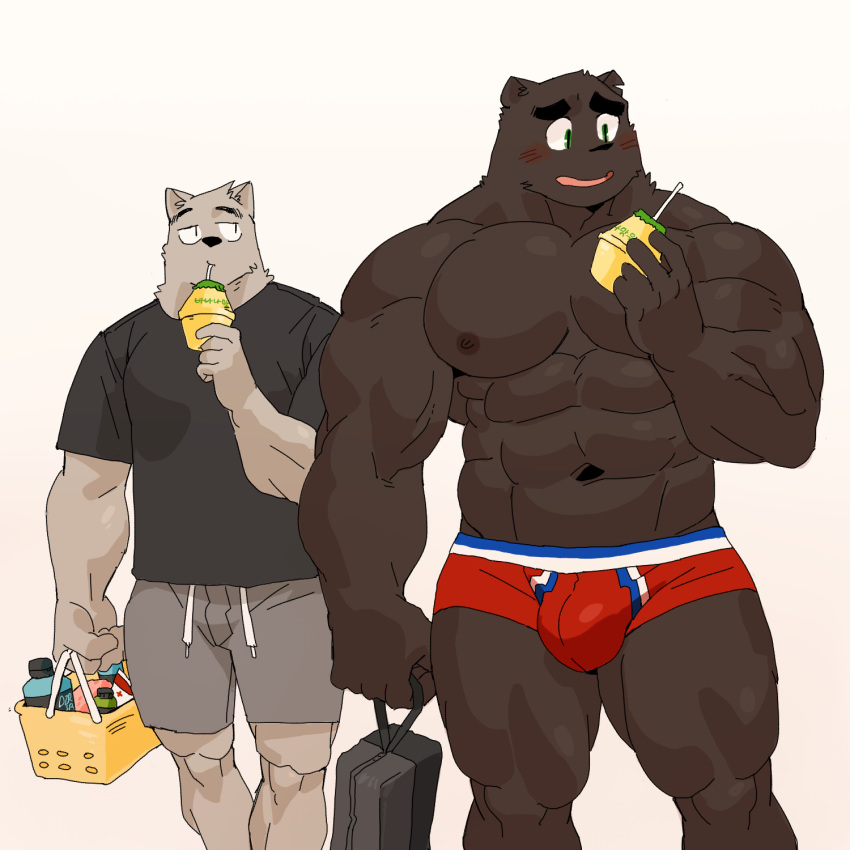 1:1 2018 abs anthro biceps blush bulge canid canine canis clothed clothing digital_media_(artwork) duo felid fur hi_res kemono male mammal melanistic muscular muscular_male nipples pantherine pecs syukapong topless underwear wolf