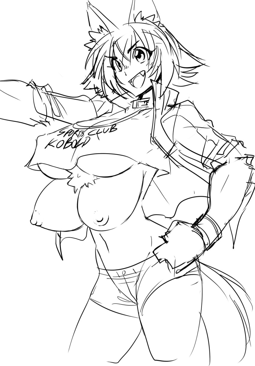 akimbo anthro armband athletic big_breasts bottomwear breasts canid canine chest_tuft cleavage clothed clothing coat collar digital_media_(artwork) edit fangs female gesture hair hand_on_hip hands_on_hips hi_res jacket japanese_kobold mammal matsu-sensei midriff monochrome monster_girl_(genre) monster_musume multi_breast multi_nipple navel nipple_outline nipples open_mouth pointing polt_(monster_musume) portrait raised_arm shirt shorts simple_background sketch smile solo three-quarter_portrait topwear tuft under_boob white_background