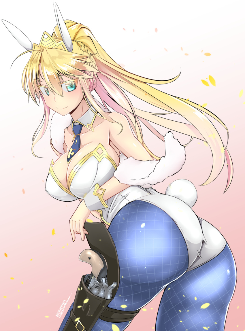 1girl ahoge animal_ears artoria_pendragon_(all) artoria_pendragon_(lancer) bangs bare_shoulders blonde_hair blue_eyes blue_legwear braid breasts bunny_ears bunny_girl bunnysuit cleavage cowboy_shot detached_collar fake_animal_ears fate/grand_order fate_(series) french_braid fur_trim gun hair_between_eyes handgun highres holster large_breasts leotard long_hair looking_at_viewer pantyhose pistol ponytail sidelocks simple_background solo swept_bangs tokihama_jirou weapon wrist_cuffs