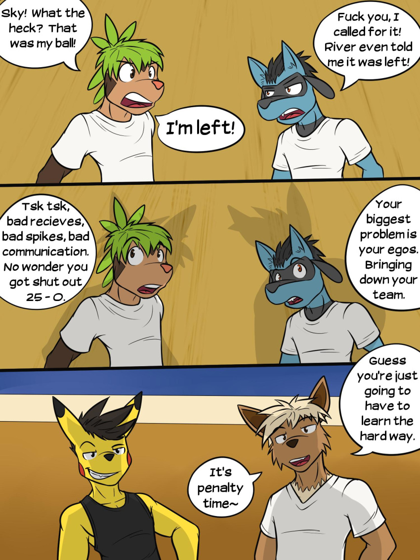 anthro anthrofied chespin clothed clothing comic eevee fully_clothed fuze hi_res male nintendo pikachu pok&eacute;mon pok&eacute;mon_(species) riolu shirt sport t-shirt tank_top topwear video_games volleyball