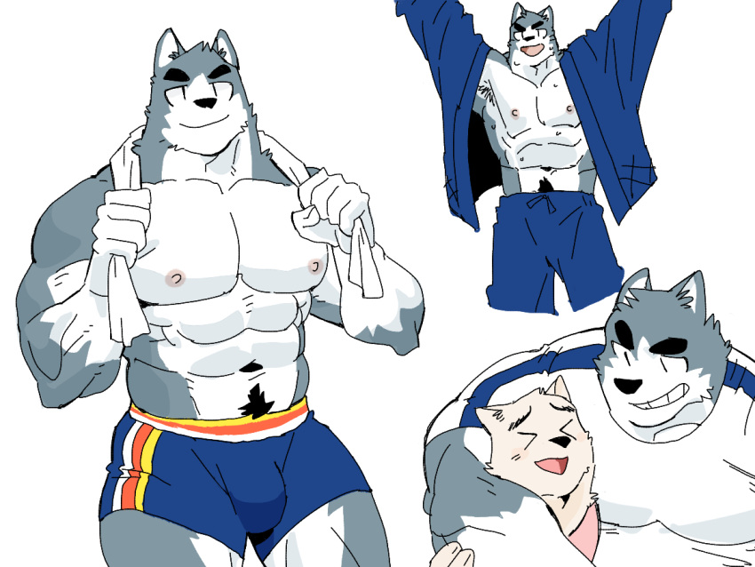 2018 4:3 5_fingers abs anthro biceps bulge canid canine canis clothed clothing crotch_tuft digital_media_(artwork) domestic_dog duo fingers fur husky kemono male mammal muscular muscular_male nipples nordic_sled_dog pecs shirt spitz syukapong topwear tuft wolf