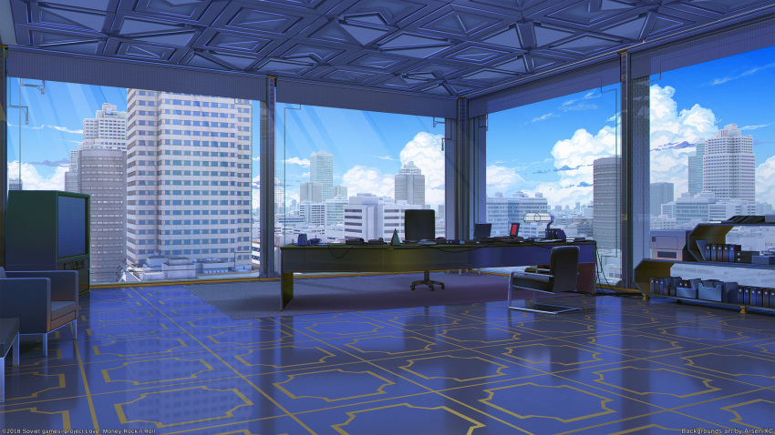 arsenixc artist_name blue_sky building cable chair city cityscape cloud cloudy_sky commentary_request computer day desk_lamp highres indoors lamp laptop no_humans office office_chair original reflection reflective_floor scenery shelf sky skyline skyscraper table television watermark window