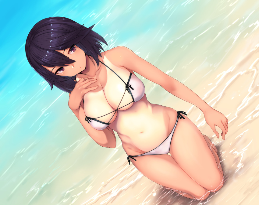 1girl absurdres bangs bare_arms bare_legs bare_shoulders barefoot bikini breasts cleavage closed_mouth collarbone commentary_request day eyebrows_visible_through_hair full_body ginji74 groin hair_between_eyes halter_top halterneck hand_on_own_chest highres kneeling large_breasts looking_at_viewer medium_hair navel original outdoors purple_eyes purple_hair side-tie_bikini skindentation solo stomach strap_gap swimsuit swimsuit_tan tan tanline thigh_gap wading water white_bikini