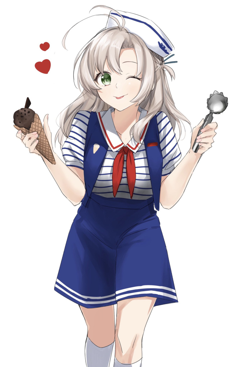 1girl antenna_hair blue_shorts blue_vest casual commentary_request feet_out_of_frame food green_eyes grey_hair hair_tie hat heart highres ice_cream ice_cream_cone ice_cream_scoop kantai_collection kinugasa_(kantai_collection) kneehighs looking_at_viewer morinaga_miki neckerchief one_eye_closed one_side_up red_neckwear remodel_(kantai_collection) sailor_hat shirt shorts simple_background single_scoop smile solo striped striped_shirt tongue tongue_out vest white_background white_headwear white_legwear