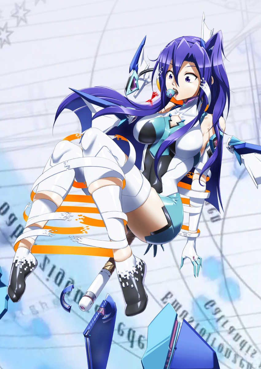 1girl anal anal_object_insertion bare_shoulders blue_hair commentary_request eyebrows_visible_through_hair full_body gagged gagging highres kazanari_tsubasa long_hair object_insertion purple_eyes senki_zesshou_symphogear shiny shiny_clothes side_ponytail skindentation solo surprised symphogear_pendant transformation wide-eyed yin_gren