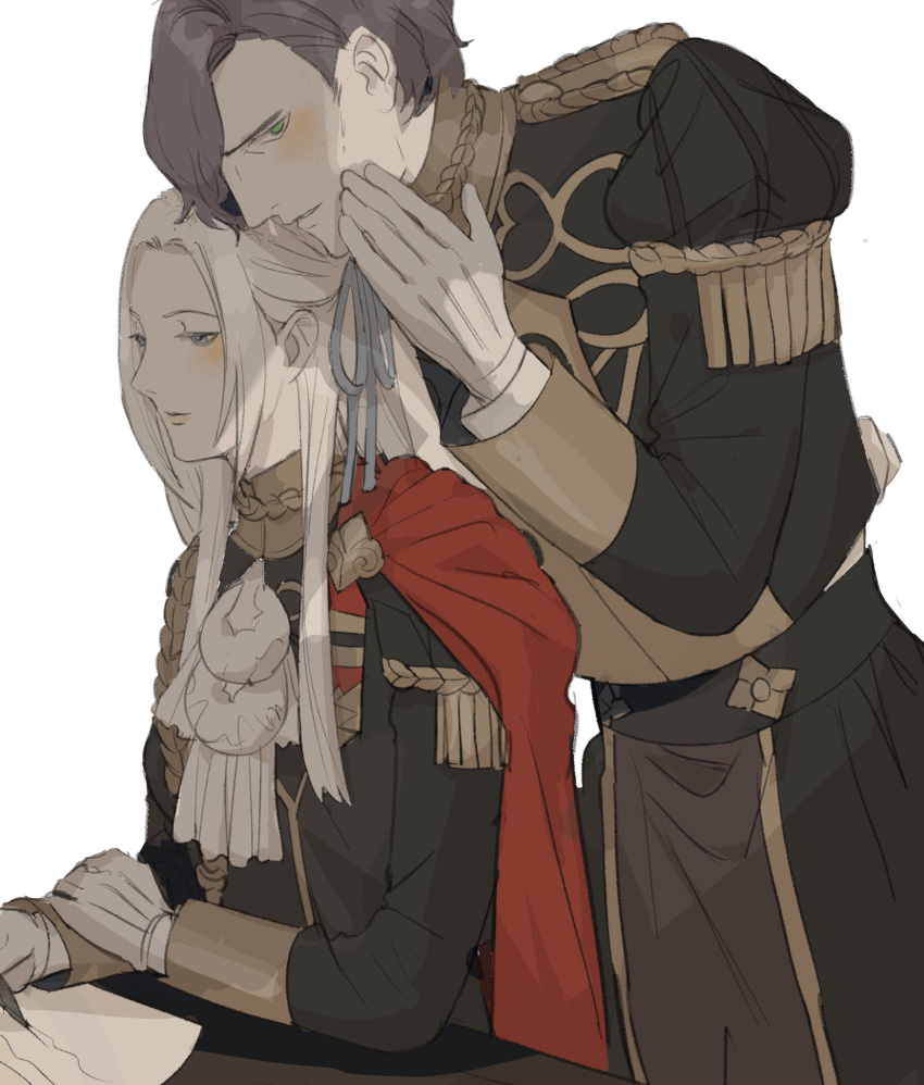 1boy 1girl black_hair blonde_hair blue_eyes cape cravat edelgard_von_hresvelg epaulettes fire_emblem fire_emblem:_three_houses gloves hair_ornament hair_over_one_eye hair_ribbon highres hubert_von_vestra long_hair ribbon short_hair shy_(ribboneels) simple_background smile uniform