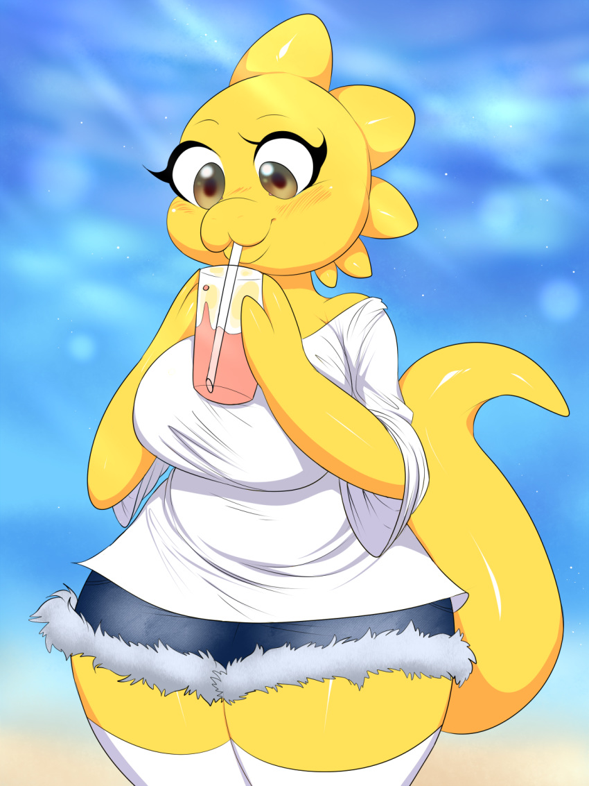 2019 alphys anthro beverage bottomwear breasts brown_eyes clothed clothing female hi_res lizard napdust patreon reptile scalie shirt shorts smile solo topwear undertale video_games